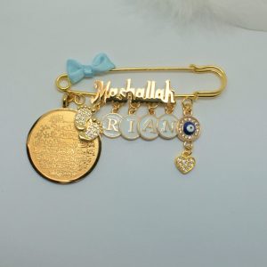 Anstecknadel Mashallah, Ayatul Kursi, evil eye, Babyfüsse blue